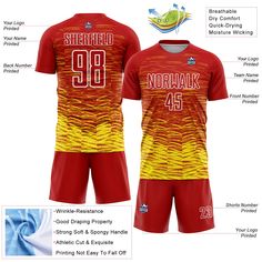 the front and back of a soccer uniform with information about each team's uniforms