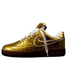 Nike Louis Vuitton x Air Force 1 Low 'Metallic Gold' 1A9VG3 Luxury Nike Sneakers For Sports, Nike Luxury Leather Sneakers, Luxury Nike Custom Sneakers For Streetwear, Luxury Custom Sneakers For Streetwear, Luxury Sports Sneakers, Black And Gold Nike Shoes, Louis Vuitton Air Force 1, Gold Nike Shoes, Nike Louis Vuitton