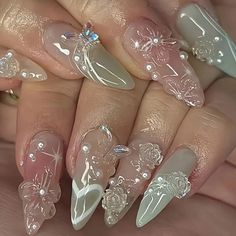 FREE SHIPPING ON ORDERS $9.95+ Buy 3 Get 1 More Free CODE: 4YOU Buy 5 Get 5 More Free CODE: 5FREE Nail Inspo With Gem, Cute And Trendy Nails, Gel Nail Charms, Green Polygel Nails, Cute Nail Patterns, Fairycore Nails Aesthetic, Ren Fair Nails, Color Neutral Nails, Ethereal Nails Aesthetic