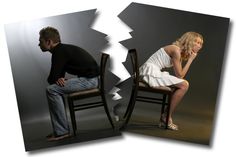 a man and woman sitting on chairs with their faces split in half to look at each other