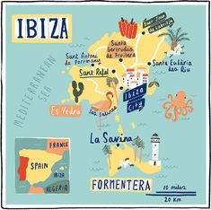 an illustrated map of ibiza and the surrounding countries