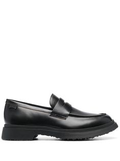 Walden Twins loafers from CAMPER featuring black, calf leather, panelled design, branded insole, slip-on style, almond toe and ridged rubber sole. | Camper Walden Twins loafers Modern Leather Slip-on Shoes With Vibram Sole, Modern Slip-on Leather Shoes With Vibram Sole, Slip-on Loafers With Vibram Sole, Modern Slip-on Loafers With Vibram Sole, Black Slip-on Loafers With Vibram Sole, Slip-on Leather Shoes With Vibram Sole, Leather Slip-on Shoes With Vibram Sole For Work, Business Slip-on Moccasins With Vibram Sole, Formal Slip-on Moccasins With Vibram Sole