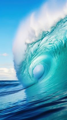 a large blue wave is breaking in the ocean with white foam on it's surface