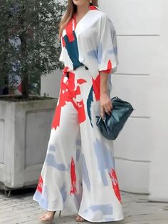 Ingvn - Women’s Shirt Pants Sets White Graphic Print 3/4 Length Sleeve Casual Daily Fashion V White V-neck Kaftan With Floral Print, White Floral Print V-neck Kaftan, Trousers Details, Elegant V-neck Maxi Dress With Abstract Print, Fall White, Fall Pants, V-neck Multicolor Abstract Print Maxi Dress, Shirt Pant Set, Multicolor Abstract Print V-neck Maxi Dress