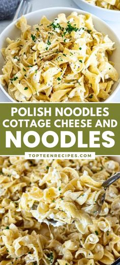 two pictures with different types of noodles in them and the words polish noodles cottage cheese and noodles