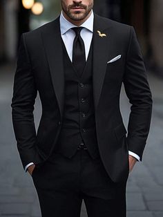 Black Work Collar   Plain  Embellished Non-Stretch  Men Clothing Black Suits Men Wedding, Costume For Men Wedding, Black White Suit Men, Men Wedding Suits Modern Black, Formal Suits For Men Wedding, Black Suit Accessories Men, Black Suits For Groom, Men’s Black Shirt