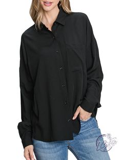 Boyfriend Button Down Shirt made with Drop Shoulder and Front Pocket. The Loose Fitted Shirt is very Lightweight with a Satin-Like Material. Fabric: 100% Rayon Black Shirt With Shirttail Hem, Black Shirt With Button Closure And Shirttail Hem, Black Shirt With Buttons And Shirttail Hem, Black Blouse With Buttons And Relaxed Fit, Oversized Black Blouse With Button Closure, Black Blouse With Button Closure And Shirttail Hem, Black Blouse With Shirttail Hem And Button Closure, Black Oversized Blouse With Buttons, Oversized Black Blouse With Buttons