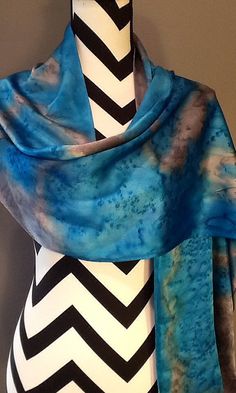 Hand painted silk Charmeuse scarf blue and gray by MJsilkscarfs Silk Scarfs, Ehlers Danlos, Sioux City, Silk Scarf Painting, Hand Painted Silk Scarf, Hijab Chic, Painted Silk, Dyed Silk, Hand Painted Silk