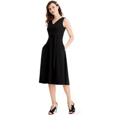 Approx. 44-1/2" long from center back neck to hem|V-neck|Hidden zipper and hook-and-eye closure at center back|Hot-fix stone trim at front shoulders; tie belt; side pockets|Unlined Draped Midi Dresses, Midi Sheath Dress, Rachel Roy, Necklines For Dresses, Capped Sleeve Dress, Crepe Dress, Womens Midi Dresses, V Neck Dress, Fit And Flare Dress