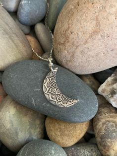 "Silver Crescent Moon Necklace. Mandala Necklace, Sterling Silver Moon Mandala Pendant, Vintage Finish, Bohemian Jewelry, Zen, Yoga Gift This sterling silver crescent moon pendant is beautiful and light weight. It has a mandala pattern with a dark patina, that gives it a bohemian and vintage feel. Mandalas symbolize that life is never ending....they also represent unity and harmony. We use only fine and sterling silver for all of our jewelry and findings, including our handmade ear wires. Our un Bohemian Moon Phase Necklace In Sterling Silver, Bohemian Sterling Silver Moon Phase Necklace, Silver Moon Bohemian Jewelry, Bohemian Sterling Silver Moon Phase Jewelry, Silver Amulet Jewelry With Moon Charm, Spiritual Silver Crescent Jewelry, Silver Crescent Spiritual Jewelry, Nickel Free Crescent Bohemian Necklaces, Silver Crescent Bohemian Jewelry