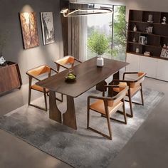 a dining room table with chairs and a vase on the rug in front of it