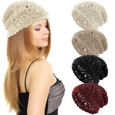 three different styles of crochet hats with long hair and one woman's head