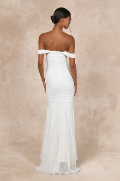 Make your big day truly unforgettable with the Lulus Divinely Romantic White Mesh Off-the-Shoulder Mermaid Maxi Dress! Stretchy mesh fabric shapes this sultry-yet-sweet dress that has a stunning, off-the-shoulder neckline and a fitted bodice with hidden no-slip strips. Flattering ruching creates a bodycon silhouette that flatters all your curves as it falls to a mermaid-style maxi skirt with a decadently gathered design and a graceful train at the back. Hidden back zipper/clasp. Fit: This garmen Mermaid Maxi Dress, Dress With Ruching, Maxi Skirt Style, Mermaid Style, Mermaid Fashion, White Mesh, Sweet Dress, Bridal Dress, Mesh Dress