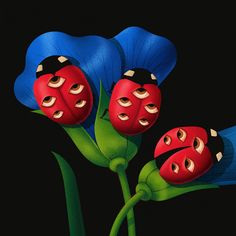 two red ladybugs sitting on top of a blue flower next to each other