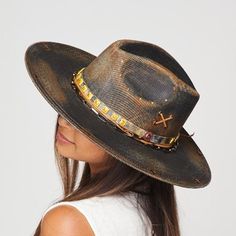 Cheap Vintage Hat Bands For Rodeo, Luxury Custom Brown Hat Bands, Luxury Adjustable Country Style Hat Band, Gold Panama Fedora Hat With Adjustable Fit, Adjustable Gold Fedora Panama Hat, Gold Adjustable Fedora Panama Hat, Adjustable Gold Panama Hat With Flat Brim, Gold Festival Hat Bands For Summer, Distressed Adjustable Fedora For Rodeo