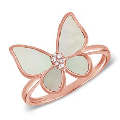 Embrace the enchanting beauty of nature with our exquisite Mother of Pearl & Diamond Butterfly Ring, meticulously crafted in 14k gold. This stunning ring features a delicate butterfly motif adorned with shimmering diamonds totaling 1.30 carats, adding a touch of brilliance to its graceful design. The ethereal mother of pearl center exudes a luminous glow, enhancing the ring's elegance and allure. Available in your choice of 14k yellow gold, white gold, or rose gold, the band boasts a luxurious f Luxury Butterfly Ring For Wedding, Diamond Butterfly Ring With Gemstone For Formal Occasions, Luxury Butterfly-shaped Ring For Gift, Formal Diamond Butterfly Ring With Gemstone, Luxury Butterfly Rings For Gifts, Luxury Butterfly Ring For Gift, Luxury Butterfly Rings For Gift, Luxury White Gold Butterfly Ring, Luxury Butterfly Ring With Gemstone For Wedding