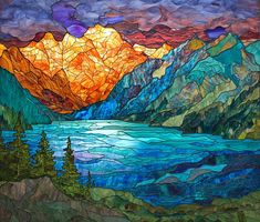 a stained glass window with mountains and trees in the background at sunset or sunrise over a lake