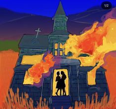 an illustration of two people standing in front of a house with flames coming out of it