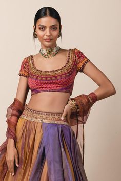 Multi-color organza draped lehenga paired with printed jersey blouse. Comes with sheer silk triangular scarf. Component: 3 Embroidered, Printed Neckline: U Neck Sleeve Length: Cap Fabric: Organza, Silk, Jersey Color: Multi Color Draped lehenga - Aza Fashions Draped Lehenga, Drape Lehenga, Printed Jersey, Tarun Tahiliani, U Neck, Set For Women, Aza Fashion, Lehenga, Multi Color