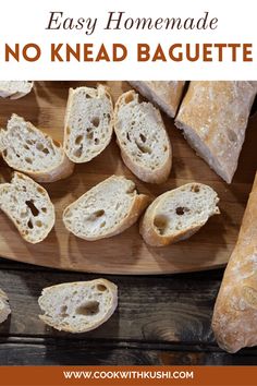 homemade no knead baguettes on a cutting board with text overlay that reads easy homemade no knead baguette