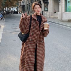 Women's Plaid Woolen Coats | Street Fashion Coats | winter maxi caots Brown Plaid Coat Outfit Winter, Winter Outerwear Outfits, Long Plaid Jacket Outfit, Plaid Coat Outfit, Plaid Jacket Outfit, Maxi Dress With Jacket, Wool Coat Outfit, Plaid Outfit, Fall Coats