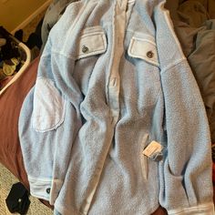 Baby Blue Free People Ruby Jacket New With Tags Sold Out On Site!! Free People Ruby Jacket, Free People Leather Jacket, Army Colors, Fitted Denim Jacket, Plaid Poncho, Hooded Denim Jacket, Free People Jacket, Corduroy Blazer, Oversized Coat