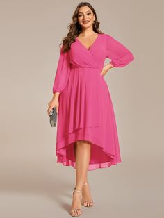 Make a statement at your next wedding invitation with this exquisite Plus Size Chiffon A-Line Dress. The flowing chiffon fabric and long sleeves create a regal silhouette, while the asymmetrical hem adds a touch of modern sophistication. Whether you're attending a beachside wedding or a glamorous ballroom affair, this dress is specifically designed for plus-size women who want to feel confident and beautiful on this special occasion. Long Sleeve Chiffon Dress For Wedding, Long Sleeve Chiffon Dress For Wedding Guests, Long Sleeve Chiffon Dress For Wedding Guests In Spring, Flowy Long Sleeve Chiffon Dress For Wedding Guest, Long Sleeve Chiffon Dress For Spring Wedding, Flowy Long Sleeve Chiffon Dress For Formal Events, Long Sleeve Chiffon Dress For Formal Occasions, Fitted Long Sleeve Chiffon Bridesmaid Dress, Flowy Long Sleeve Chiffon Dress For Party