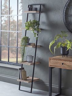 a shelf with plants and books on it in front of a window next to a clock