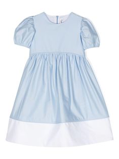 sky blue/white stretch-cotton colour-block panelled design round neck short puff sleeves full skirt partial lining straight hem concealed rear zip fastening Blue Cotton Puff Sleeve Dress With Short Sleeves, Blue Color Block Short Sleeve Dress, Blue Kid Dress, Blue Peter Pan Collar Dress For Daywear, Blue Cotton Collared Mini Dress, Blue Cotton Smocked Playtime Dress, Farfetch Kids Dress, Girls Casual Dresses, Panel Dress