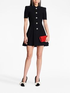 Balmain Flared ribbed-knit Minidress - Farfetch Yoko London, City Dress, Ribbed Knit Dress, Summer Beach Wear, Black Rib, Flare Skirt, Jacket Tops, Denim Dress, All Fashion