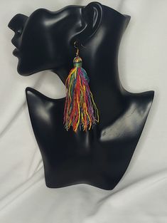 Rainbow, multi-colored  Dangly Tassel earrings. Rainbow Fringe Earrings As Gift, Multicolor Tassel Drop Earrings, Handmade Multicolor Tassel Drop Earrings, Traditional Handmade Multicolor Tassel Earrings, Rainbow Fringe Dangle Earrings, Rainbow Dangle Tassel Earrings Gift, Rainbow Tassel Earrings For Gifts, Rainbow Dangle Earrings With Fringe, Multicolor Tassel Earrings As A Gift