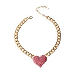 Pink Rhinestone Heart Heart Measures 2” Wide Gold Platted Chain Necklace Pink Crystal Heart Pendant Jewelry, Pink Crystal Heart Pendant Necklace, Pink Crystal Jewelry For Valentine's Day, Rose Gold Heart-shaped Chain Necklace, Pink Crystal Necklace With Heart Charm, Heart Cut Bling Necklace For Valentine's Day, Pink Heart Cut Necklace For Party, Valentine's Day Heart Cut Necklace With Bling, Valentine's Day Heart Cut Bling Necklace