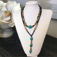 Mix Of Genuine Turquoise Stone Beads, Rhinestone, Black Sinox Crystals And Yellow Glass Beads. You Can Wear Them Together Or Separate. Beaded Boho Necklace, Gold Disc Necklace, Brown Necklace, Stone Beaded Necklace, Swarovski Necklace, Pearl Cream, Glass Pendant Necklace, Seed Bead Necklace, Genuine Turquoise