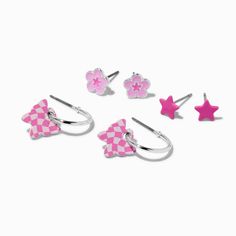 Claire's Pink Butterflies, Flowers, & Stars Mixed Earring Set - 3 Pack Playful Star Charm Jewelry For Gifts, Playful Jewelry With Star Charm For Gift, Trendy Pink Hypoallergenic Jewelry, Cute Pink Hoop Earrings For Gift, Pink Star Charm Jewelry For Gift, Trendy Pink Star-shaped Jewelry, Trendy Pink Hypoallergenic Earrings, Trendy Hypoallergenic Pink Earrings, Playful Pink Hoop Earrings Gift