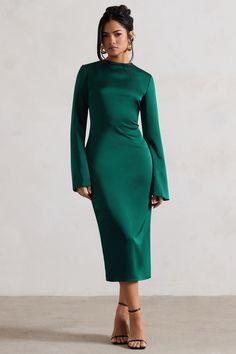 Zaina | Bottle Green Long Sleeve Midi Dress with High Neckline Long Sleeve Wedding Guest Outfit, Winter Wedding Guest Outfit Cold Formal, Winter Cocktail Outfit, Long Sleeve Wedding Guest Dress, Deep Green Dress, Long Sleeve Dress Outfit, Long Sleeve Wedding Guest Dresses, Corporate Gowns, Boat Neck Midi Dress