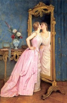 a painting of two women looking at each other in front of a mirror with flowers on it