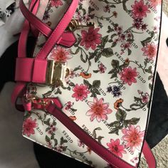 Pink Guess Brand New Hand Bag Crossbody Bag With Zipper Closure For Day Out, Chic Floral Print Shoulder Bag With Double Handle, Feminine Floral Print Bag For Everyday Use, Feminine Multicolor Rectangular Bag, Spring Satchel With Gold-tone Hardware, Chic Bags With Floral Print For Daily Use, Feminine White Bag With Removable Pouch, Chic Daily Use Bags With Floral Print, White Crossbody Satchel For Day Out