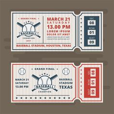 two baseball ticket templates with red, white and blue stripes on the front and back