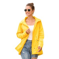 Yellow Waterproof Slim Fit Outdoor Coat Yellow Raincoat With Pockets For Fall, Casual Yellow Raincoat For Fall, Yellow Raincoat For Fall Outdoor Use, Yellow Raincoat For Outdoor Use In Fall, Yellow Outerwear For Rainy Fall Weather, Yellow Long Sleeve Outerwear For Rainy Season, Yellow Waterproof Windbreaker For Fall, Yellow Weatherproof Raincoat For Outdoor Activities, Yellow Weatherproof Raincoat For Fall