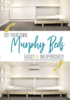 two beds in a room with the words diy your own murphy beds easy and expensive