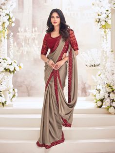 Half Saree Traditional, Saree Traditional, Net Blouse, Grey Saree, Bridesmaid Saree, Party Wear Lehenga Choli, Satin Style, Net Blouses, Party Sarees