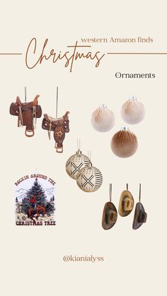 christmas ornaments are hanging on the wall in front of a white background with brown lettering