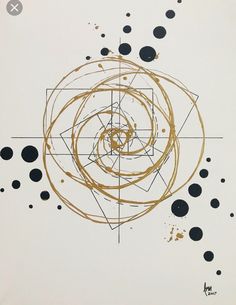 an abstract painting with black circles and gold lines on white paper, in the middle of a square