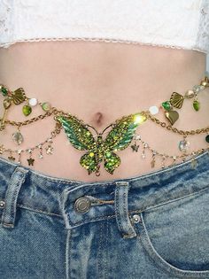 Green Butterfly Pendant Tassel Layered Necklace Waist Chain | Jewelry | Three Fleas Faeries Aesthetic, Faerie Aesthetic, Cottagecore Pink, Top Student, Layered Choker Necklace, Layered Chokers, Green Butterfly, Waist Chain, Chain Jewelry