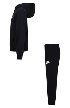 Signature swoosh logo branding keeps all eyes on your kiddo in this classic and sporty set that includes a warm fleece hoodie and joggers. Includes hoodie and joggers 60% cotton, 40% polyester Machine wash, tumble dry Imported Fleece Moisture-wicking Tracksuit For Streetwear, Moisture-wicking Fleece Tracksuit For Streetwear, Black Cotton Joggers With Logo Print, Sporty Black Sweatpants With Logo Print, Nike Fleece Tracksuit For Sports, Nike Cotton Sportswear Tracksuit, Nike Tracksuit For Sports, Nike Cotton Athleisure Tracksuit, Fleece Tracksuit With Ribbed Cuffs For Sports