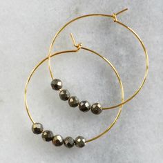 Small Pyrite Beaded Hoop Earrings, Pyrite Hoops, Gunmetal Bead Hoop Earrings, Grey Bead, Gemstone Be Adjustable Hoop Earrings With Gold Beads As Gift, Adjustable Gold Beads Hoop Earrings As Gift, Adjustable Gold Beaded Hoop Earrings As Gift, Brass Beaded Hoop Earrings As Gift, Beaded Brass Hoop Earrings For Gift, Gold Beaded Brass Hoop Earrings, Adjustable Gold Bead Hoop Jewelry, Adjustable Hoop Jewelry With Gold Beads, Gold Beads Small Hoop For Jewelry Making