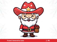 a cartoon santa claus holding a gift box and wearing a red hat with stars on it