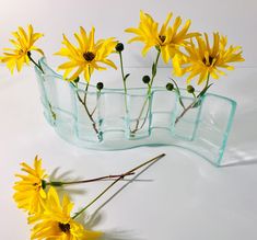 some yellow flowers are in a glass vase