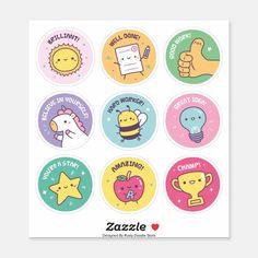 six stickers with different cartoon characters on them, including thumbs up and thumb down