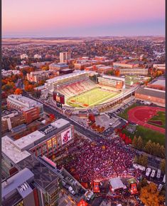 an aerial view of a football stadium and field